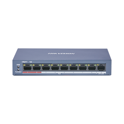 HIKVISION Switch PoE+ / No Administrable / 8 Puertos 10/100 Mbps PoE+ / 1 Puerto 100 Mbps Uplink / PoE hasta 250 metros / 60 W